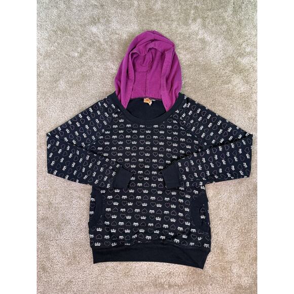 Big Flirt Tops - Big Flirt Y2K Black Pink Heart Crown Print Full Zip Hoodie Sweatshirt SZ S E259